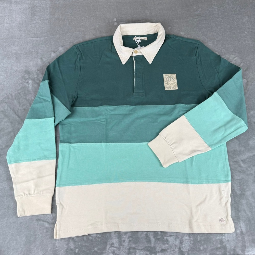 Marine Layer Brushed Jersey Rugby Polo Shirt Mens M/L Marge Green Ombre $108 NWT